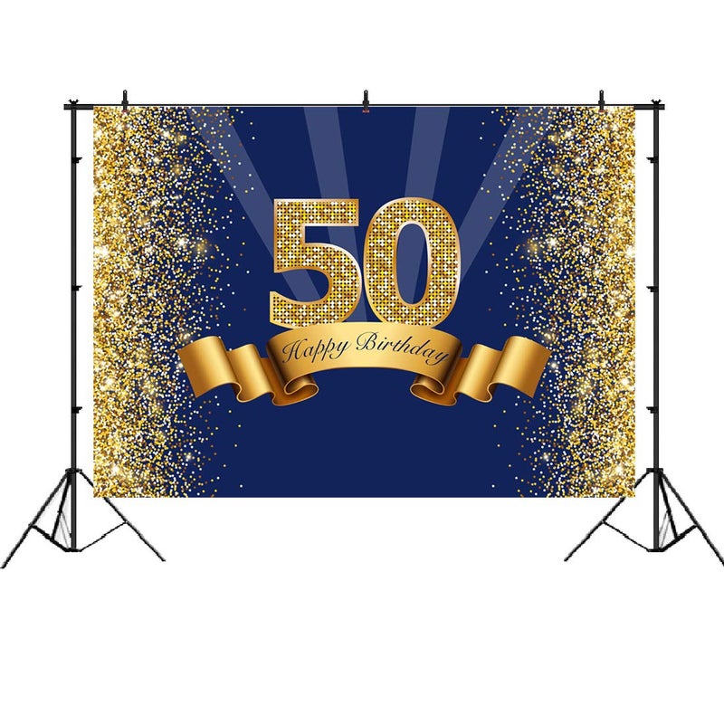 LoveInM Happy 50th Birthday Backdrop Navy Blue and Glitter Gold Photography Background Shiny Adult Men Fifty Years Old Age Birthday Party Decorations Supplies Photo Banner Photobooth Props 7x5ft - Image 2